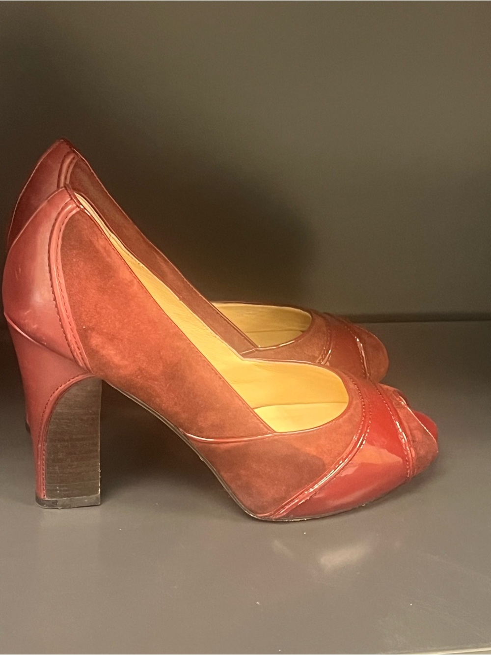 Cole Haan Dayla Air Rust Burgundy Peep-Toe Block Heeled Pumps Size 9